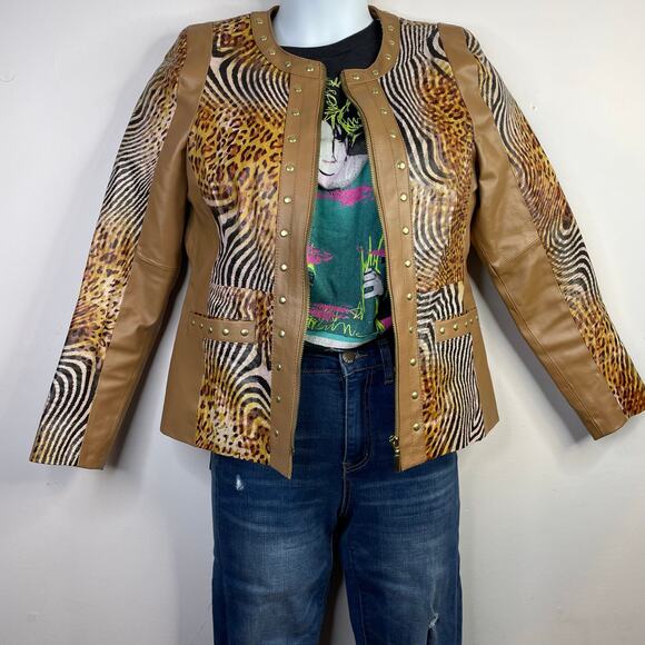 Sharif 1927 Tan Leather Mixed Animal Print Leather Mob Wife Moto Jacket womens S - Picture 11 of 14